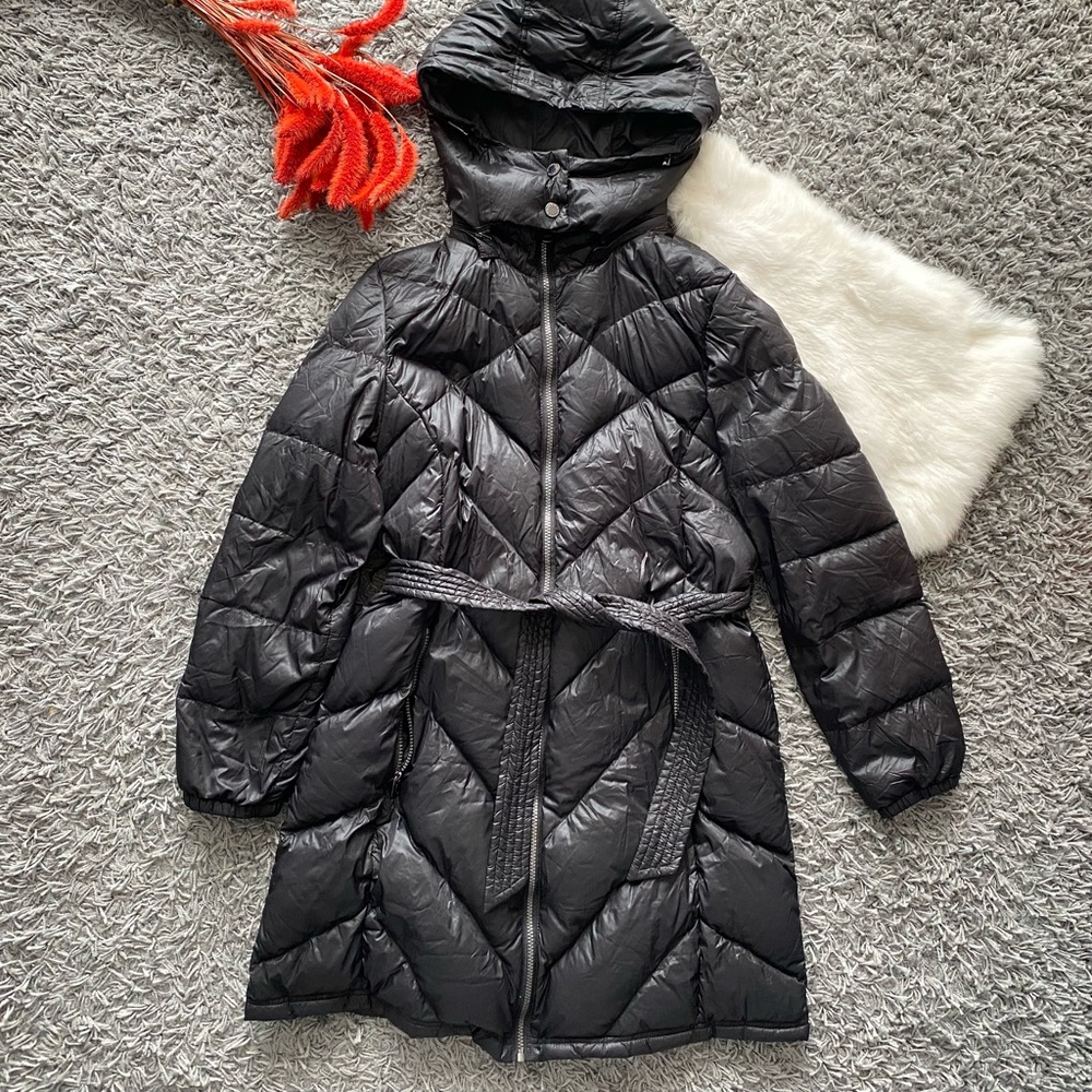 London Fog Premium Down Puffer Black Hooded Quilted Coat with Belt
